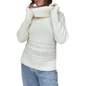 White House Black Market Cream Cableknit Turtleneck Sweater